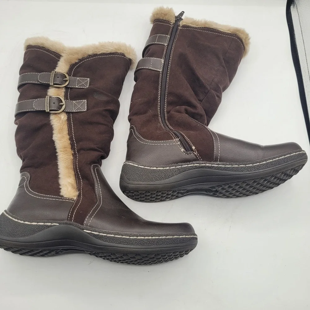 NEW‎ Woman's 8 Dark Brown Faux Leather Tall Winter Boots Fur Lined Buckle Accent